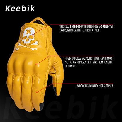 Goatskin Leather Motorcycle Motorbike Powersports Racing Gloves Reflective Skull Touchscreen for Men and Women Model