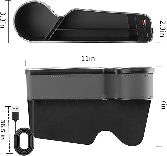 7 Color Led Car Seat Gap Organizer with 56W Type C USB Charging Multifunctional Front Seat Organizer with Cup Holder Console Organizer Seat Gap Filler with Vibe Lamp for Andriod iPhone Grey
