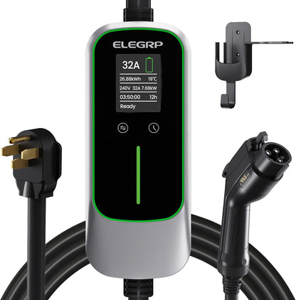 ELEGRP Level 2 EV Charger for Home, 32 Amp, ETL Certified, PBE & LCD Technology, 25ft J1772 Cable with NEMA 14-50 Plug, Plug and Play, 240V for BEVs/PHEVs
