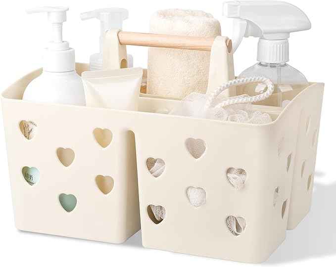 Anyoifax Portable Shower Caddy Plastic Shower Basket Organizer Divided Bathroom Caddy Storage Cleanning Caddy Tote with Handle for College, Dorm Room, Kitchen, Beige