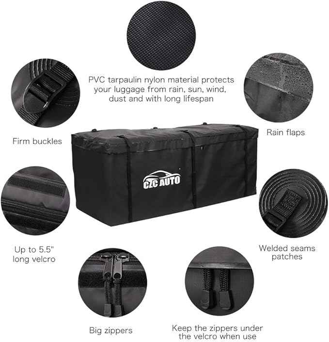 CZC AUTO Hitch Cargo Carrier Bag, 20 cu. ft Waterproof/Rainproof/Weatherproof Cargo Traveling Bag for Car Truck SUV Vans' Hitch Trays and Hitch Baskets, Safe Steady Durable Soft, Black