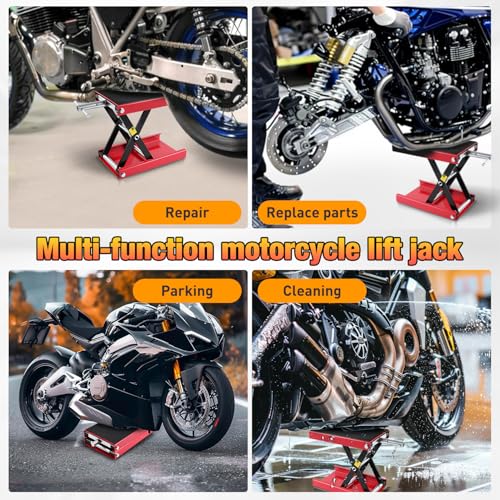 Motorcycle Lift Jack 1100 LBS Scissor Jack Stand Lift from 3.4" to 14.2" with Wide Deck Crank Handle Steel Scissor Hoist Garage Repair Lifter Table Jacks for Motorcycles ATV Dirt Bike