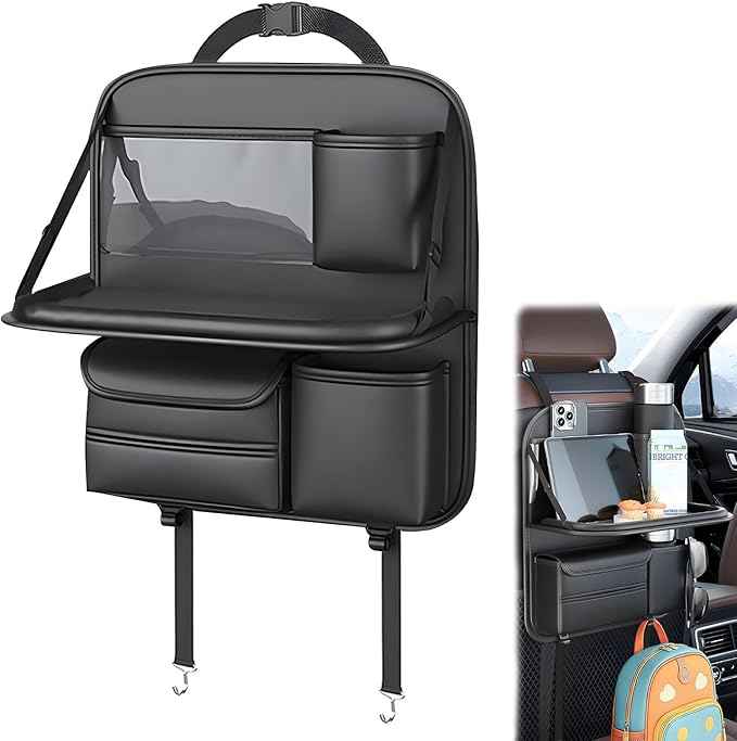 Universal Premium Leather Foldable Car Backseat Organizer with Table Tray, Seat Back Protector with Touch Screen Pad Phone Holder, Car Storage Pockets Tissue Holder with School Bags Hooks
