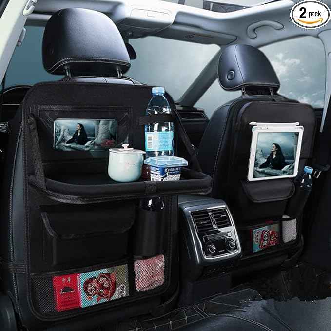 Tumecos Car Seat Back Organizer, 2 Pack Back Seat Organizers and Storage with Touch Screen Tablet Holder, Kick Mats, Back Seat Protector (black)