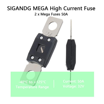 50A MEGA High Current Fuse - 50 Amp Bolt-on Fuse for Cars, Trucks, Construction Vehicles, Buses, Caravans (2 Pcs)