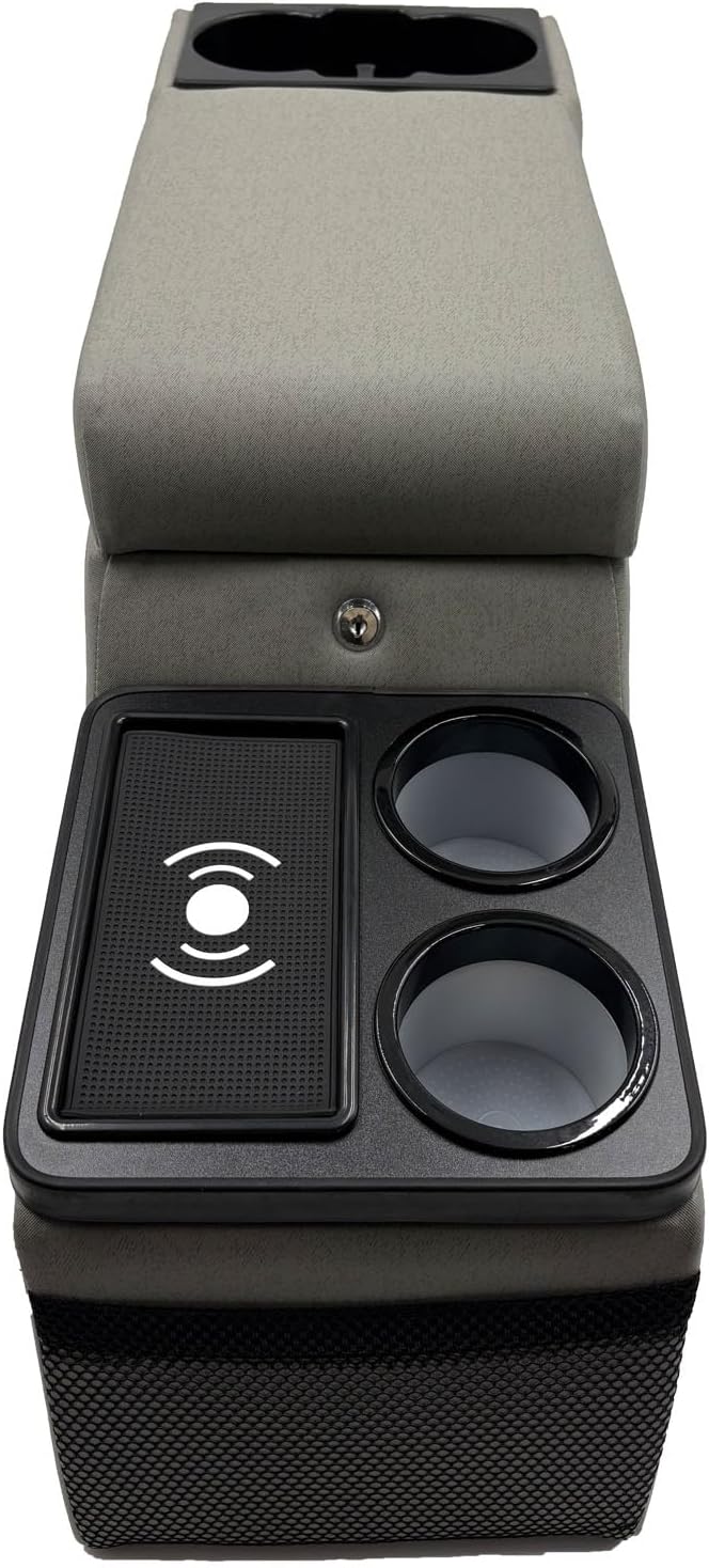 Truck Center Console Truck Seat/Bench Organizer with Wireless Charging and Holder Cups for Jeep CJ5 1976-1983,Jeep CJ7 1976-1986,Jeep Wrangler(YJ) 1987-1995 (Gray)