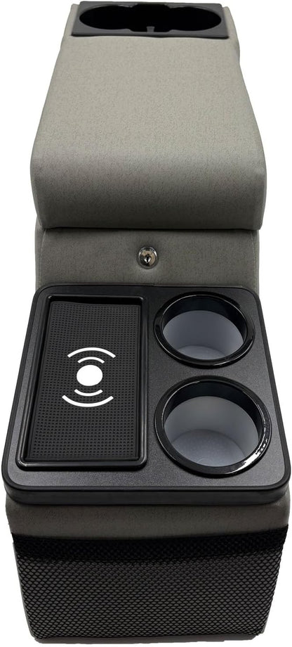 Truck Center Console Truck Seat/Bench Organizer with Wireless Charging and Holder Cups for Jeep CJ5 1976-1983,Jeep CJ7 1976-1986,Jeep Wrangler(YJ) 1987-1995 (Gray)