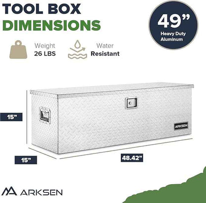 ARKSEN 49 x 15 x 15 Inch Diamond Plate Truck Bed Tool Box, Heavy Duty Waterproof Aluminum Toolboxes Storage Chest with Side Handle & Lock for Pickup Truck Bed, RV & Trailer Silver