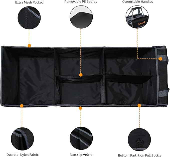 Car Trunk Organizer with Lid,Collapsible Car Storage Organizer with Multi Compartments and Securing Straps for SUV,Sedan,Jeep-Black & Grey