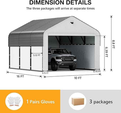 10x16 Metal Carport, Heavy Duty 2-Car Carport Canopy, CarPorts with Removable Polyethylene Sidewalls, Galvanized Steel Roof Car Tent Garage