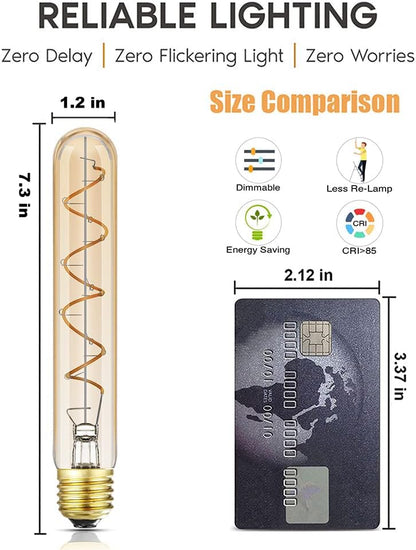 Dimmable T10 LED Bulbs, Warm White 2200K Amber, 7.3inch Long Tubular Light Bulb, 40 Watt Vintage Edison LED Filament Bulb,400lm,E26 Base Led Tube Bulb,Amber Glass,Pack of 4