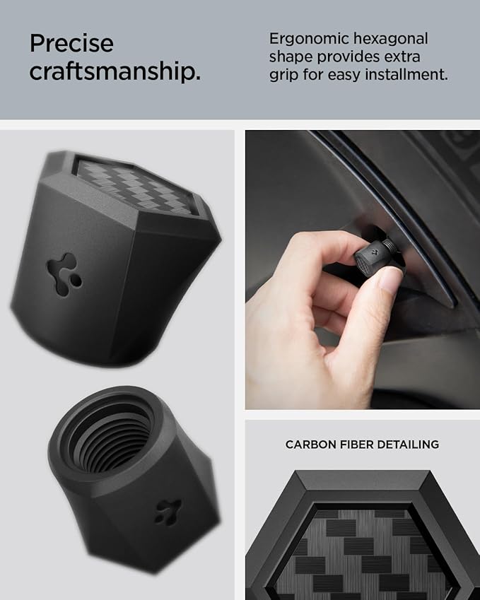 Spigen Magnetic Car Tire Valve Caps in Carbon Black (Never Lose, Fade Resistant) for Schrader Valve Stem Caps - 4 Pack