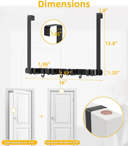 Broom Holder Over The Door 2Pack - 304 Stainless Steel Mop and Broom Hanger Wall Mounted or Hanging Over The Door with Hooks - Tool Organizer for Garage Closet Laundry Kitchen Decor