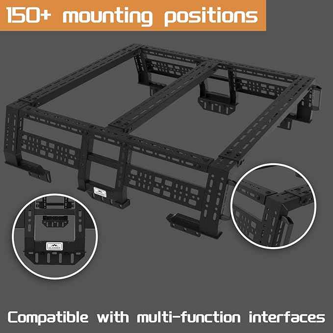CLAMBER Overland Bed Rack for Mid-Size Pickup Truck with/Without Bed Rails | Adjustable Width Compatible with Tacoma, Gladiator, Ranger, Colorado, Canyon, Frontier (See Image for Size Chart)