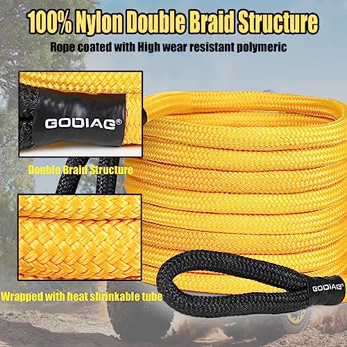 1" x20ft Kinetic Recovery Rope 33K lbs with 2 Soft Shackles Yellow