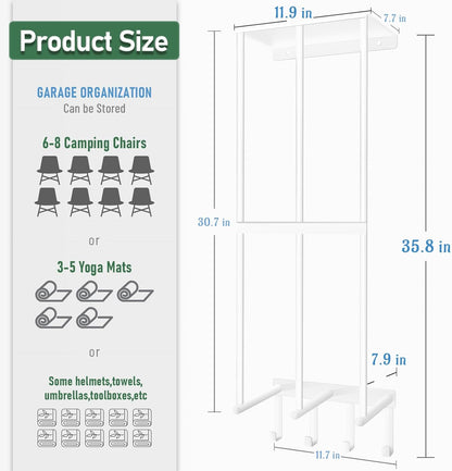 Camping Chair Wall Storage for Garage - Metal Beach Lawn Chair Rack, Garage Storage and Organization Shelves, Wall Mounted Umbrella Storage Rack Holder with Floating Shelf and 4 Hooks White