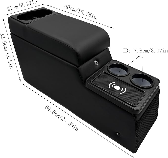 Truck Center Console Truck Seat/Bench Organizer with Wireless Charging and Holder Cups for Jeep CJ5 1976-1983,Jeep CJ7 1976-1986,Jeep Wrangler(YJ) 1987-1995 (Black)
