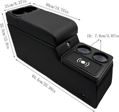 Truck Center Console Truck Seat/Bench Organizer with Wireless Charging and Holder Cups for Jeep CJ5 1976-1983,Jeep CJ7 1976-1986,Jeep Wrangler(YJ) 1987-1995 (Black)