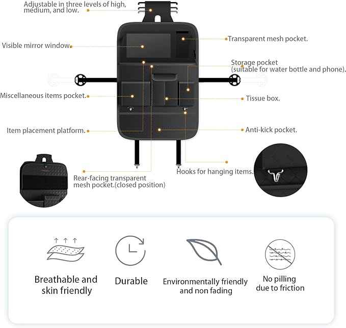 GMQ Back Seat Car Organizer 1 Pack,Backseat Organizer with Tray,Multifunctional Car Seat Back Storage Box with Foldable Tablet Holder (Black, Plain weave)