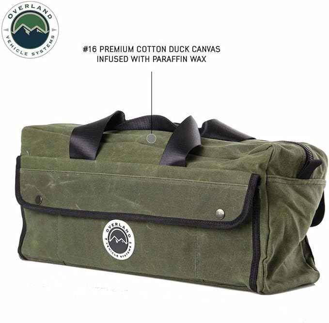 Overland Vehicle Systems Small Duffle Bag With Handle And Straps - #16 Waxed Canvas - Infused with Paraffin Wax Waterproofing - Tear Resistant Fabric