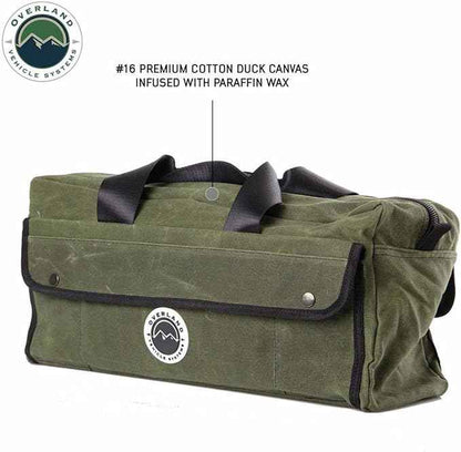 Overland Vehicle Systems Small Duffle Bag With Handle And Straps - #16 Waxed Canvas - Infused with Paraffin Wax Waterproofing - Tear Resistant Fabric