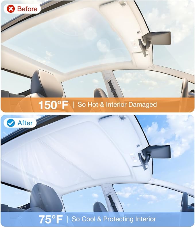 Wigoo 2025 Tesla New Model Y Juniper Accessories Sunshade Roof [Never Sag, Nano Ice-Crystal Coatings] 3-Gen Heat Insulation Glass Roof Sun Shade, Accessories for Tesla Juniper Model Y, Interior Gray