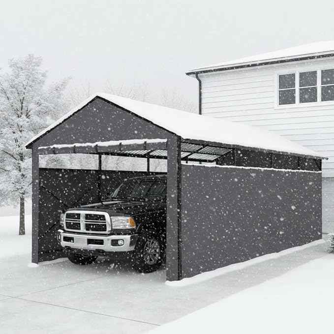 22x11 FT Heavy Duty Metal Carport with Oxford Cloth Enclosure,Reinforced Frame&Steel Roof for All-Weather Use,for Pickup Trucks,Outdoor Storage Canopy(Black)