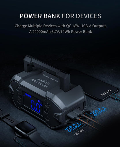 Portable Car Jump Starter 3000A with Air Compressor 12V Battery Jumper Emergency for 8.0L Gas & Diesel Engines Power Booster Start Boost Charger Box and Power Bank, for All Weather (GK-J1206P)