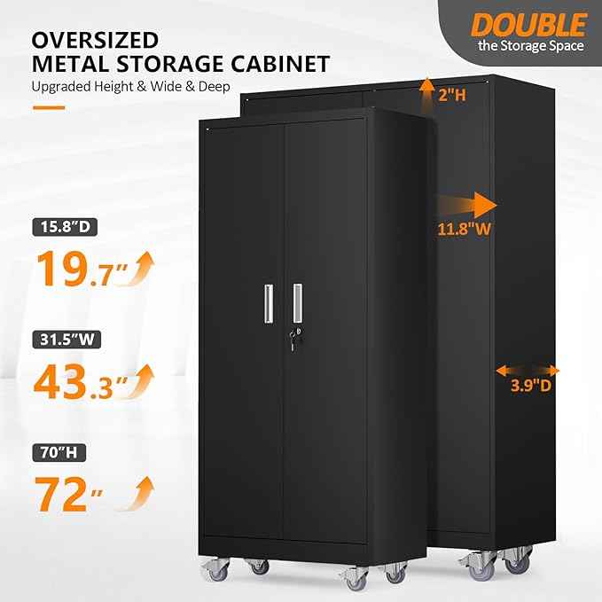 VINGLI Large Metal Storage Cabinet with 2 Doors and 5 Adjustable Shelves, Upgraded Height & Wide & Deep, 43''W x 20''D x 72''H, Oversized Garage Storage Cabinet with Wheels and Locks (Black)