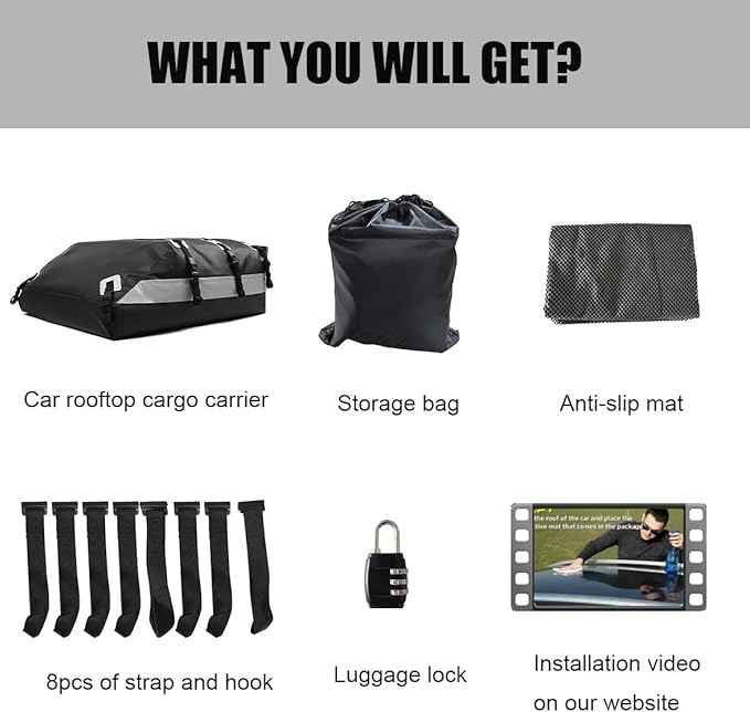 Car Roof Bag, Rooftop Cargo Carrier 21 Cubic Feet, Waterproof Car Topper Luggage Carrier with/Without Rack, Includes Anti-Slip Mat, 8 Reinforced Straps, 8 Door Hooks, Luggage Lock, Storage Bag