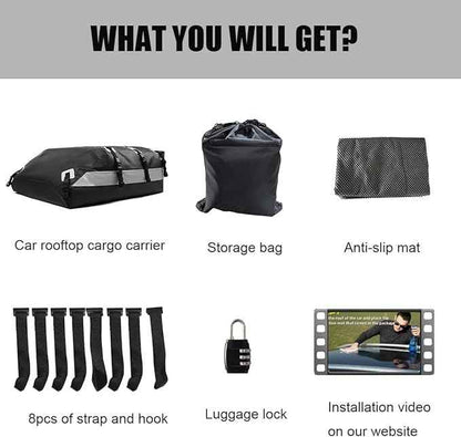 Car Roof Bag, Rooftop Cargo Carrier 21 Cubic Feet, Waterproof Car Topper Luggage Carrier with/Without Rack, Includes Anti-Slip Mat, 8 Reinforced Straps, 8 Door Hooks, Luggage Lock, Storage Bag