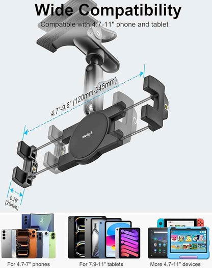 woleyi Tablet Holder for Car Sun Visor - [Metal Magic Arm] 360° Adjustable Car Tablet Mount with Ultra Stable Clamp for iPad Pro Air Mini, Galaxy Tabs, Z Fold, iPhone, Fire, Gopro, 4.7-11" Devices
