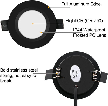 12 Volt LED Puck Light RV Boat Recessed Ceiling Light Super Slim LED Panel Light with Hole Puncher DC 12V 3W Full Aluminum Downlights 6 Pack,5500-6000k