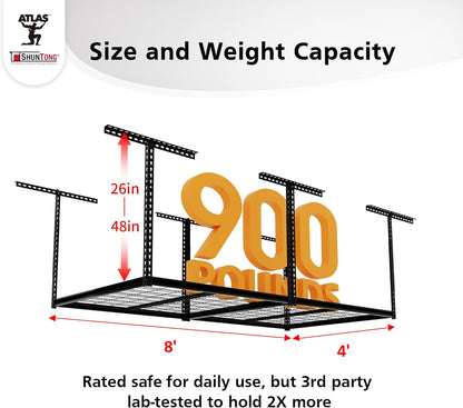 The Atlas 4 x 8 ft Adjustable Height Overhead Garage Storage Rack 900 lbs Heavy Duty Capacity Hammertone Finish