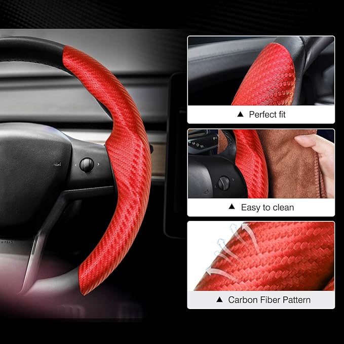 Steering Wheel Cover for Telsa Model 3/Model Y Accessories Carbon Fiber Steering Wheel Cover Protector Anti-Slip, Comfortable Grip, Breathable, Model 3/Y Accessories, Red