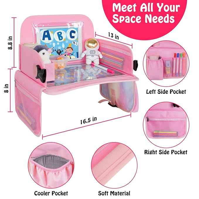 MENZOKE Kids Travel Tray, Car Seat Table Tray, Road Trip Essentials with Educational Drawing Board, Tablet Holder & Cooler Cup Holder, Travel Table for Kids Gifts in Car, Airplane, Multicoloured