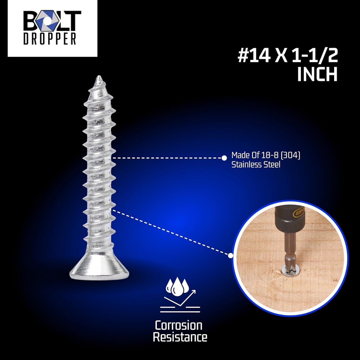 Bolt Dropper 25 Pack #14 x 1-1/2 Inch Stainless Steel Screws - Flat Head Phillips Wood Screw - 18-8 (304) Corrosion-Resistant - Heavy Duty Deck Screws for Indoor and Outdoor Use