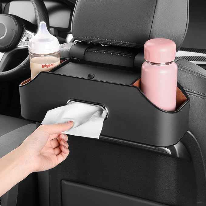 HOLDCY Car Back Seat Organizer with 2 Drink Cup Holder - Tissue Box and Storage Box Hook - Multi-functional Storage - Great for Kids and Travel (Black)