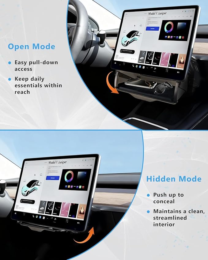 Under Screen Storage Box Designed for Tesla Model Y 2019~2024, Model Y Juniper 2025+, Model 3 2017-2023, Model 3 Highland 2024+, [Hidden Design] Center Console Organizer Tray Accessories