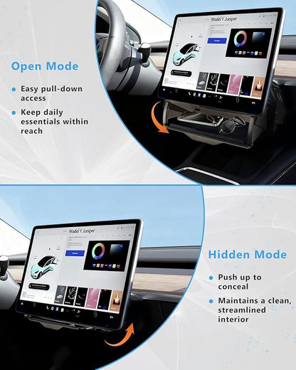 Under Screen Storage Box Designed for Tesla Model Y 2019~2024, Model Y Juniper 2025+, Model 3 2017-2023, Model 3 Highland 2024+, [Hidden Design] Center Console Organizer Tray Accessories