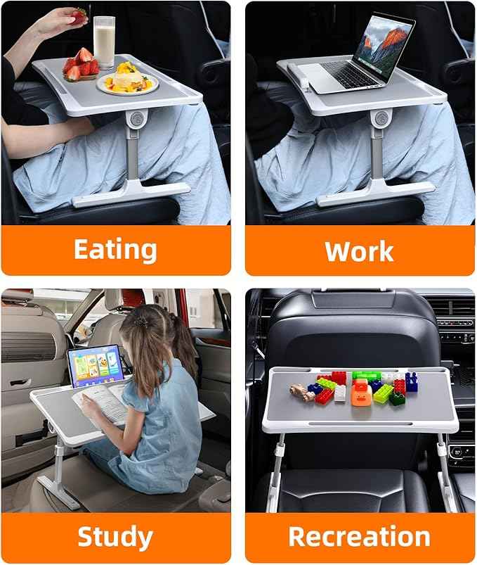 Large Car Seat Tray Table, Foldable Travel Tray for Kids Car Seat, Height Adjustable Car Lap Desk for Laptop Computer Tablet, Rear Seat Food Eating Tray, Car Travel Essentials for Long Trips