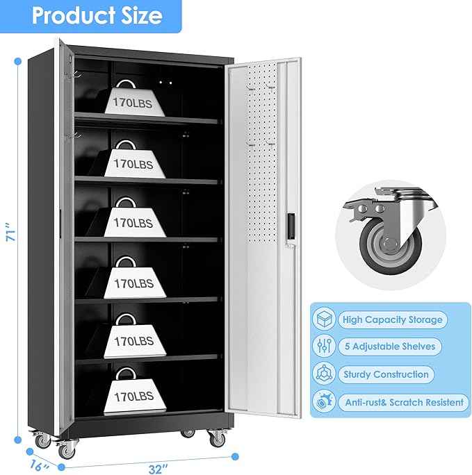 Aobabo Upgraded Garage Storage Cabinets with Wheels,Metal Storage Cabinets with 5 Adjustable Shelves for Garage Home Office Storage, Black&Silver,71''H*32''W*16''D,Assembly Required