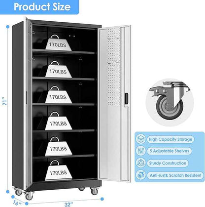 Aobabo Upgraded Garage Storage Cabinets with Wheels,Metal Storage Cabinets with 5 Adjustable Shelves for Garage Home Office Storage, Black&Silver,71''H*32''W*16''D,Assembly Required