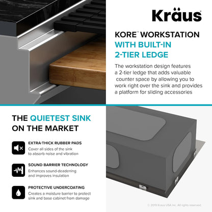 KRAUS Kore Workstation 45-inch Undermount 16 Gauge Stainless Steel Kitchen Sink, Single Bowl Kitchen Sink with Accessories, KWU120-45