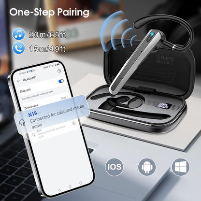 Bluetooth Headset V5.3, Wireless Earpiece with Dual ENC Noise Canceling Mic, 120H Hand-Free Talk Single-Ear Bluetooth Earpiece with LED Display, IP7 Waterproof Headphones for Office/Trucker/Business