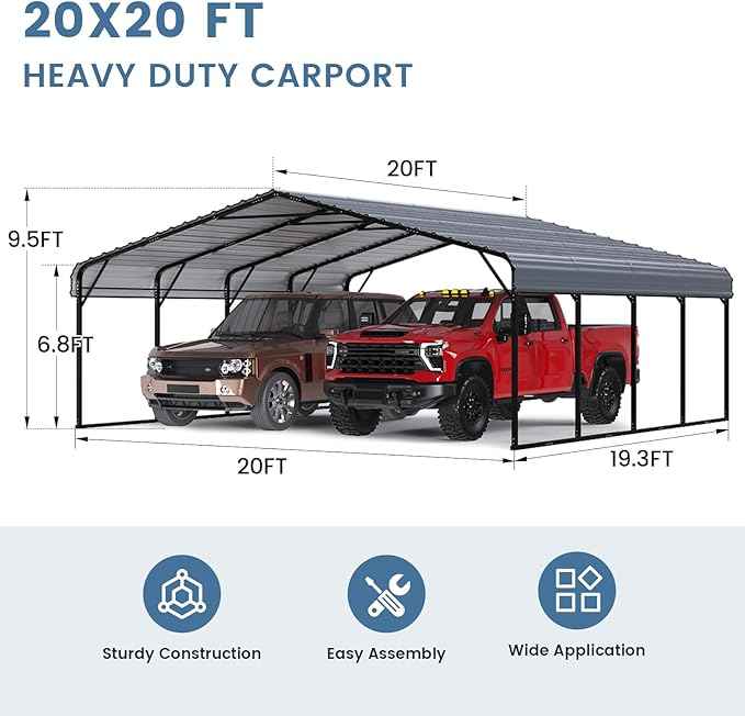 EROMMY 20‘x20’ Stable Metal Carport, All-Weather Heavy-Duty Carports with Strong Base, Sturdy Car Shed with Galvanized Steel Roof and Frame, Easy Assembly Car Port for 2 Cars, Tractors, Boat, Gray
