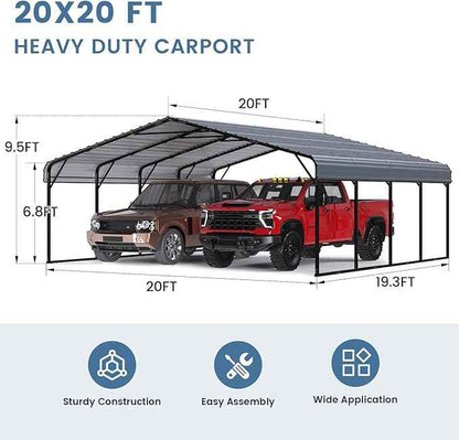 EROMMY 20‘x20’ Stable Metal Carport, All-Weather Heavy-Duty Carports with Strong Base, Sturdy Car Shed with Galvanized Steel Roof and Frame, Easy Assembly Car Port for 2 Cars, Tractors, Boat, Gray