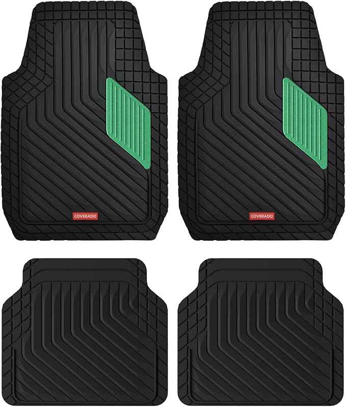 Coverado Car Floor Mats Full Set – Heavy-Duty PVC Floor Mats with Green Metallic Heel Pad, All-Weather Protection for Front & Rear, Non-Slip Backing, Easy-Clean Interior Liners