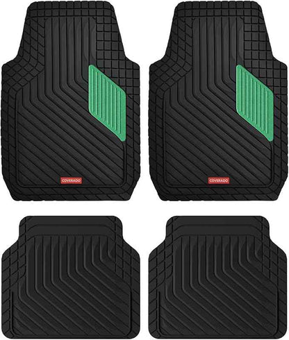 Coverado Car Floor Mats Full Set – Heavy-Duty PVC Floor Mats with Green Metallic Heel Pad, All-Weather Protection for Front & Rear, Non-Slip Backing, Easy-Clean Interior Liners