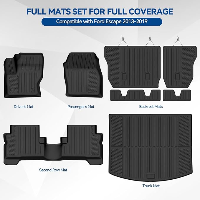 Custom Fit Floor Mats for Ford Escape 2013-2019, All Weather TPE Floor Liners with Trunk Mat & Backrest Protectors, Odorless Full Set Interior Accessories